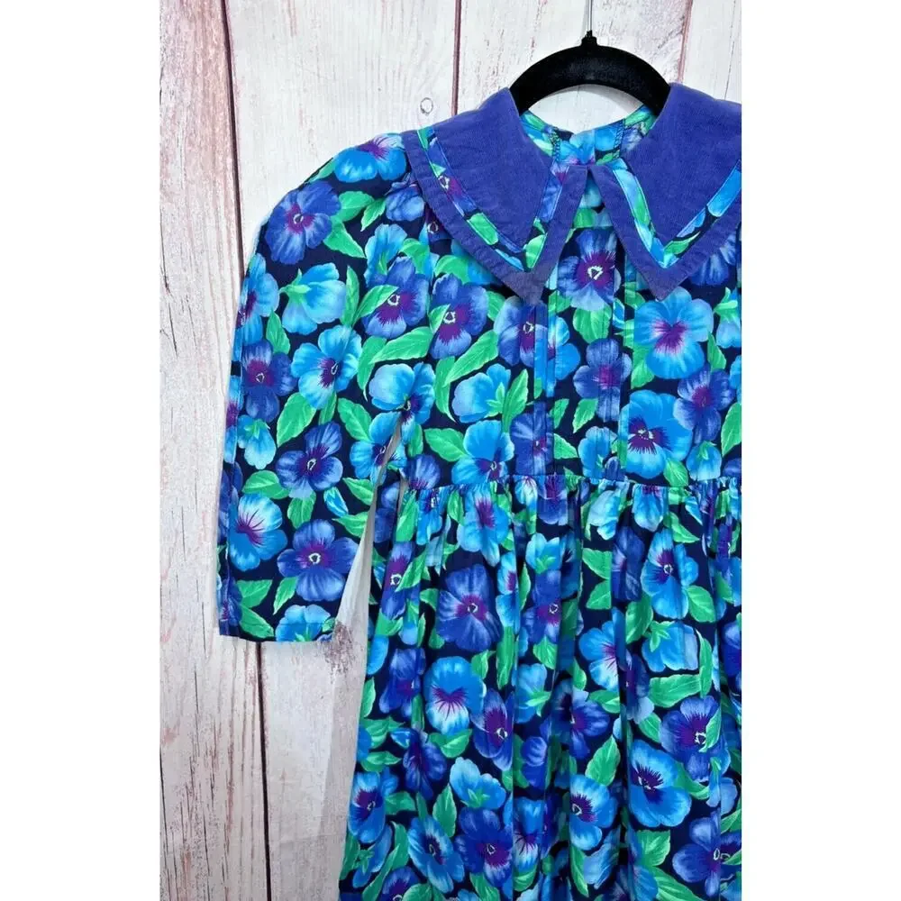 Vintage 80s Girls Dress Floral Pansy Pansies Prairie Cottagecore Blue Size 6X